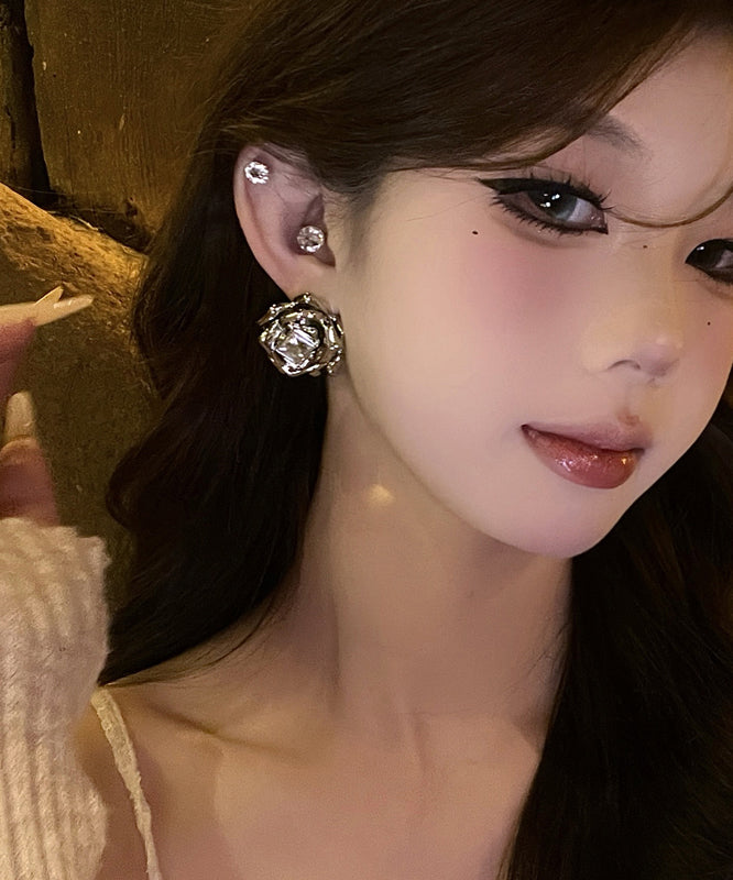 Fine Silk Metal Zircon Rose Stud Earrings