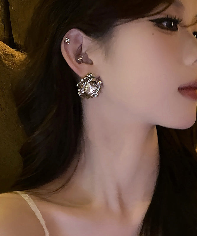 Fine Silk Metal Zircon Rose Stud Earrings