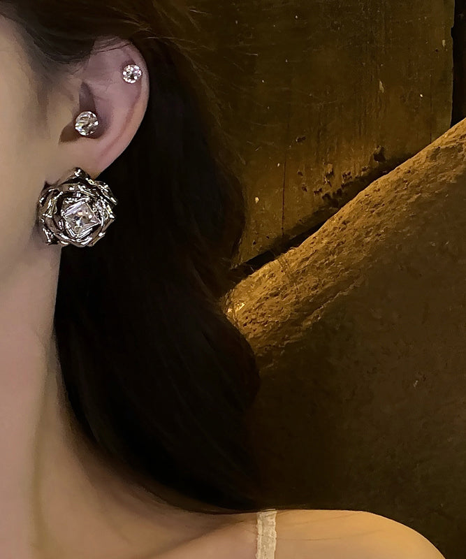 Fine Silk Metal Zircon Rose Stud Earrings