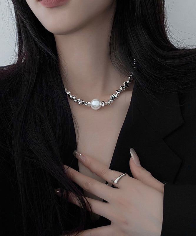 Fine Silk Stainless Steel Broken Silver Pearl Patchwork Pendant Necklace - Omychic