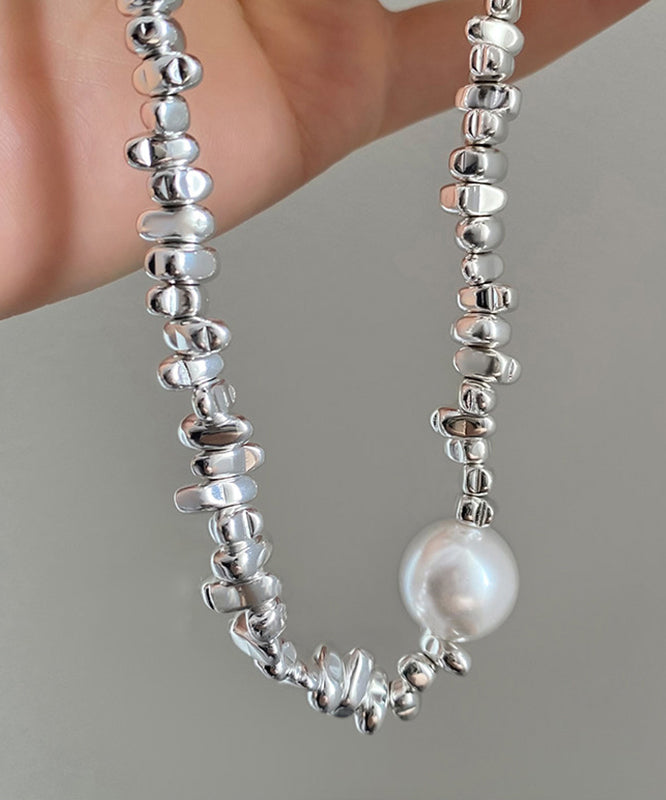 Fine Silk Stainless Steel Broken Silver Pearl Patchwork Pendant Necklace - Omychic