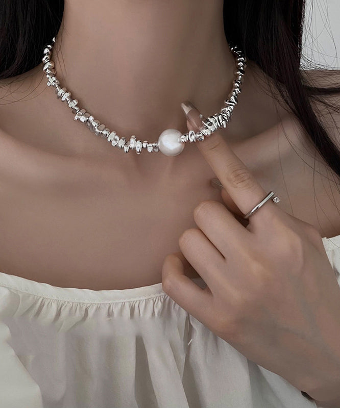 Fine Silk Stainless Steel Broken Silver Pearl Patchwork Pendant Necklace - Omychic