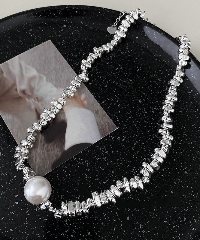 Fine Silk Stainless Steel Broken Silver Pearl Patchwork Pendant Necklace - Omychic