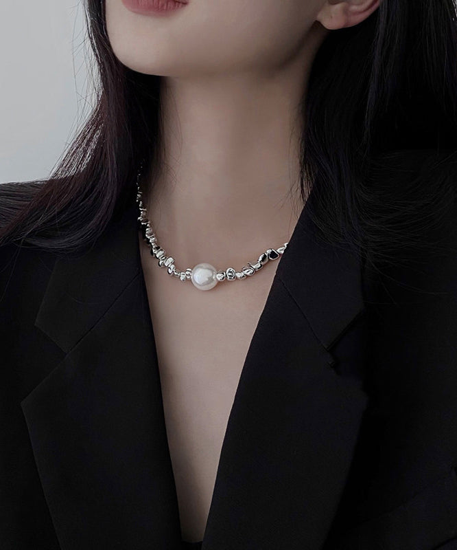 Fine Silk Stainless Steel Broken Silver Pearl Patchwork Pendant Necklace - Omychic