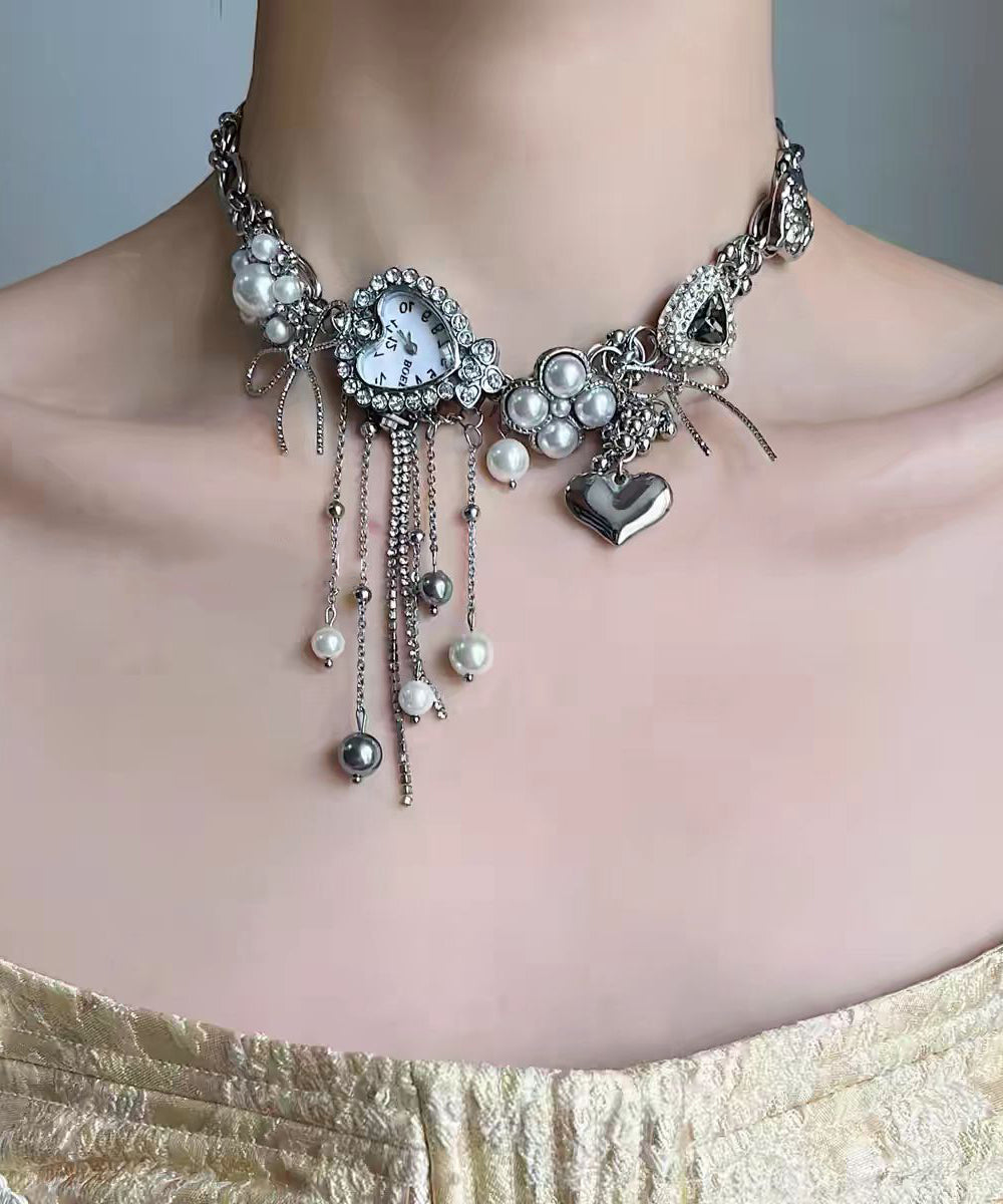 Fine Silk Stainless Steel Pearl Clock Bow Pendant Necklace