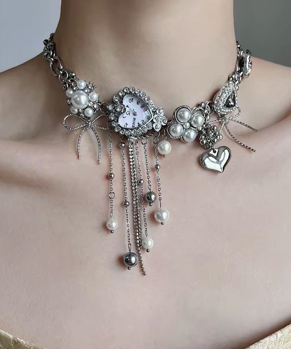 Fine Silk Stainless Steel Pearl Clock Bow Pendant Necklace