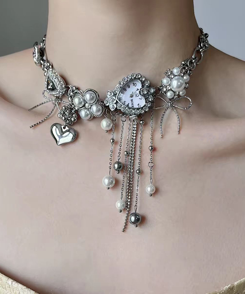 Fine Silk Stainless Steel Pearl Clock Bow Pendant Necklace