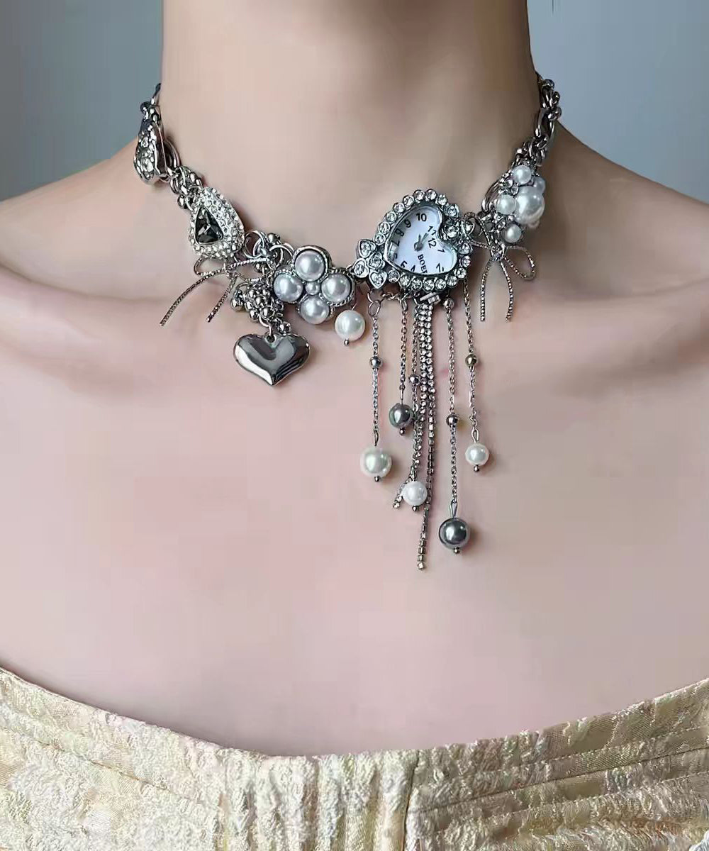 Fine Silk Stainless Steel Pearl Clock Bow Pendant Necklace