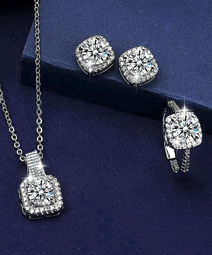 Fine Silk Stainless Steel Zircon Stud Earrings ,Rings And Pendant Necklace Three-Piece Set