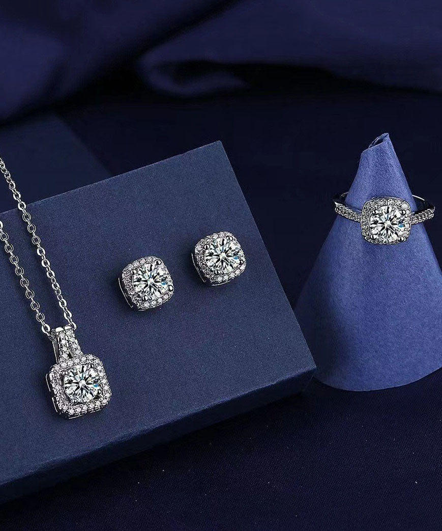 Fine Silk Stainless Steel Zircon Stud Earrings ,Rings And Pendant Necklace Three-Piece Set