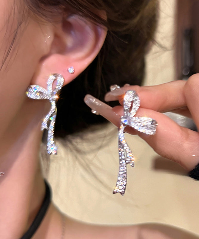 Fine Silk Sterling Silver Bow Ribbon Drop Earrings