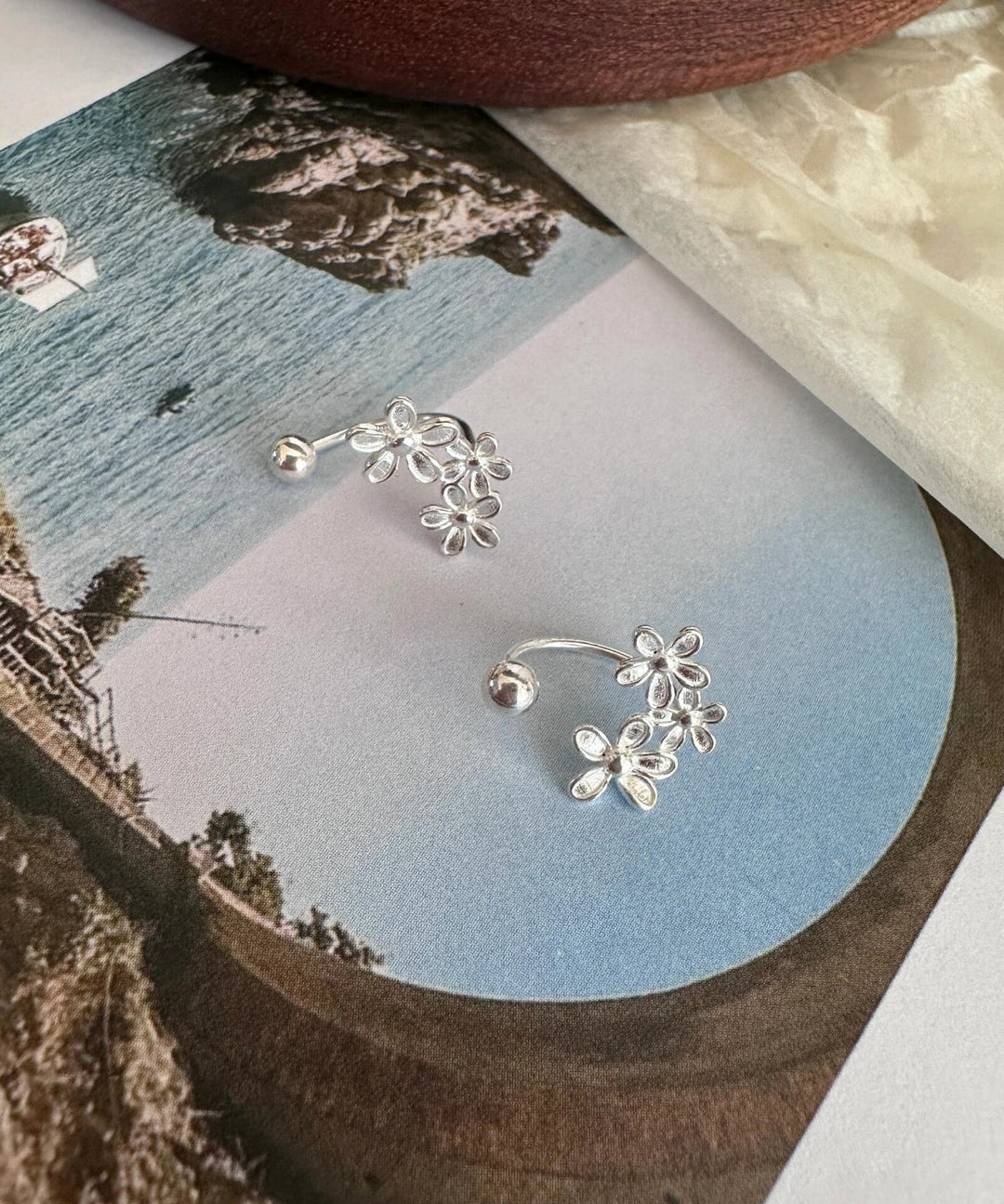 Fine Silk Sterling Silver Floral Stud Earrings