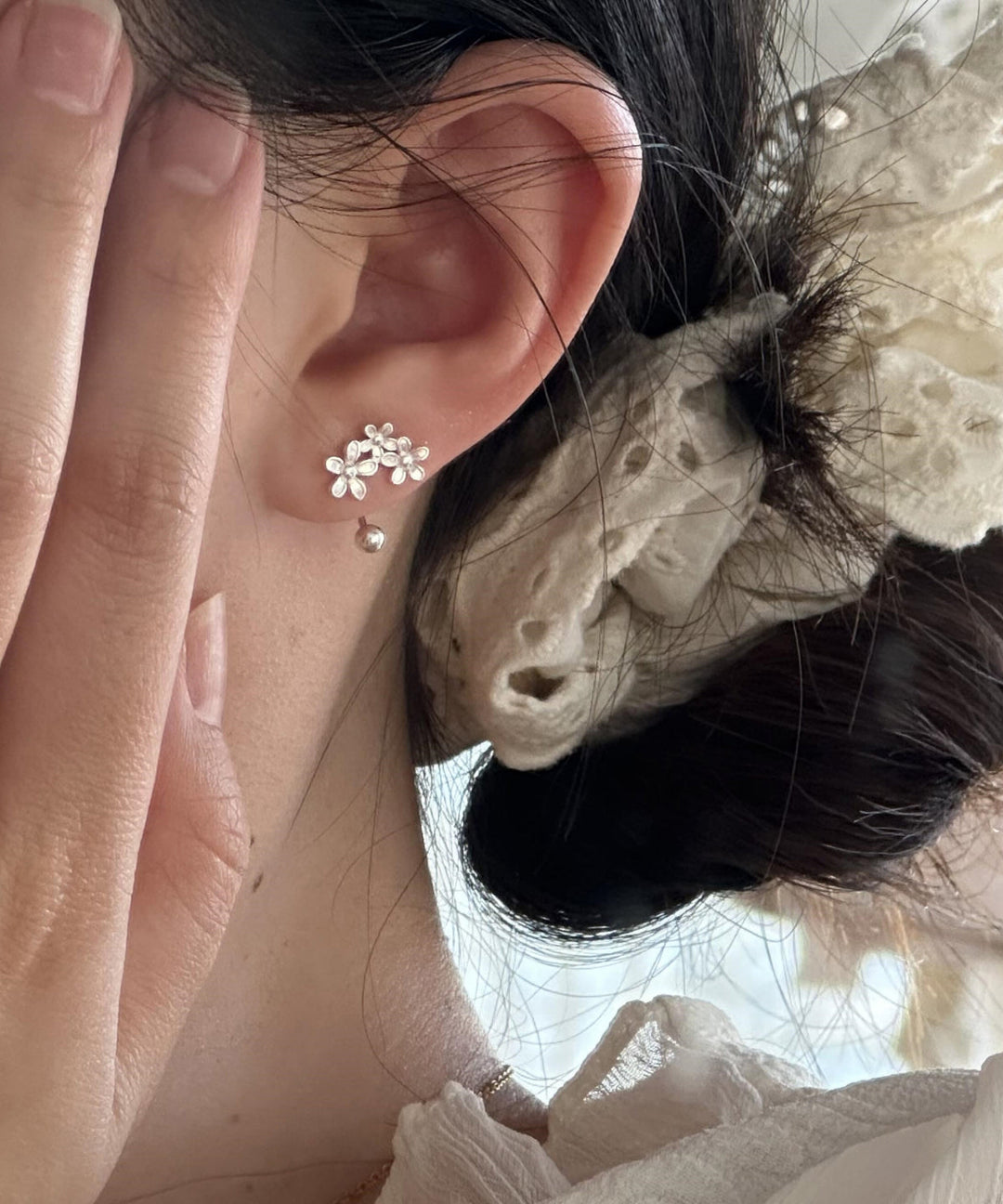 Fine Silk Sterling Silver Floral Stud Earrings