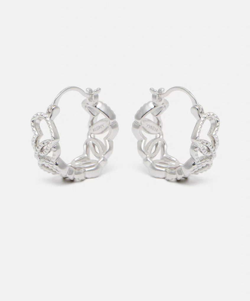 Fine Silk Sterling Silver Hollow Out Love Hoop Earrings