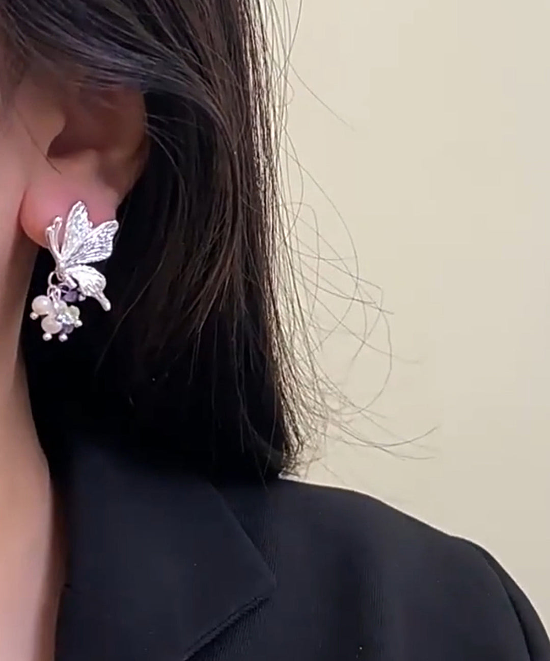 Fine Silk Sterling Silver Pearl Butterfly Tassel Stud Earrings