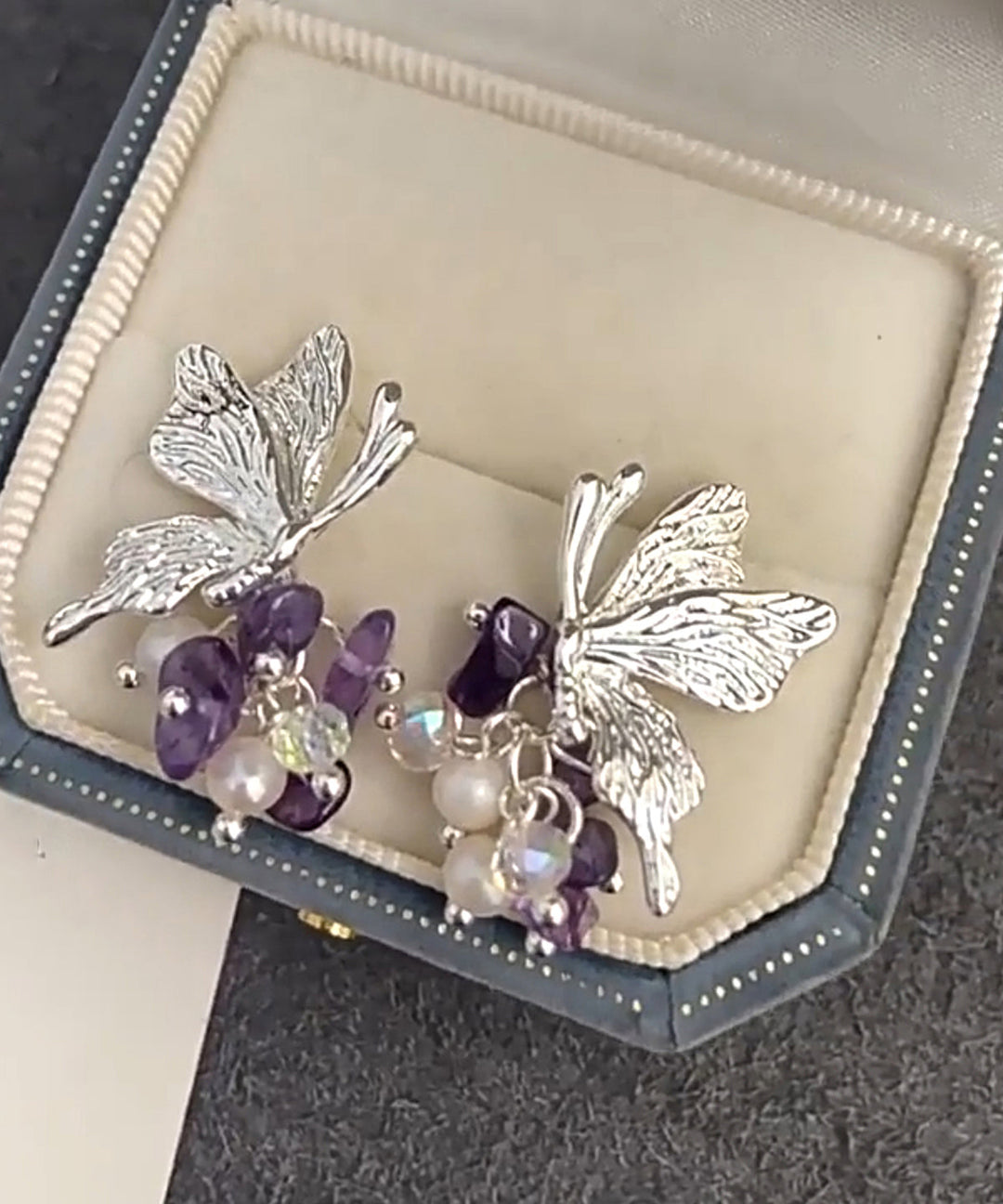 Fine Silk Sterling Silver Pearl Butterfly Tassel Stud Earrings