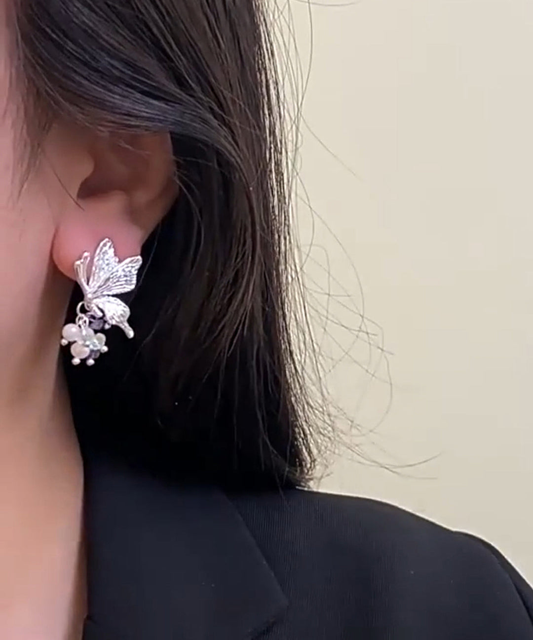 Fine Silk Sterling Silver Pearl Butterfly Tassel Stud Earrings