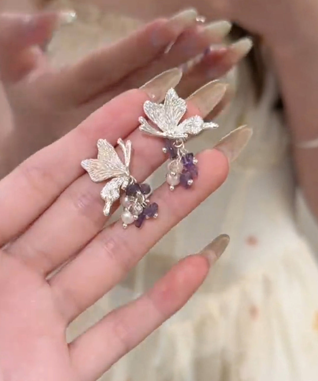 Fine Silk Sterling Silver Pearl Butterfly Tassel Stud Earrings