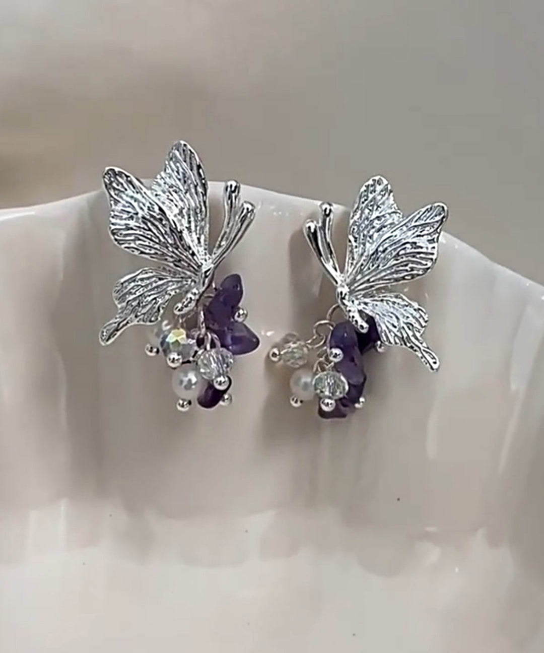Fine Silk Sterling Silver Pearl Butterfly Tassel Stud Earrings