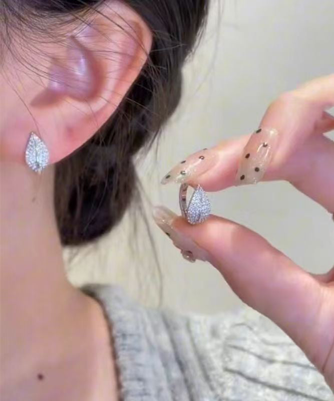 Fine Silk Sterling Silver Zircon Leaf Stud Earrings