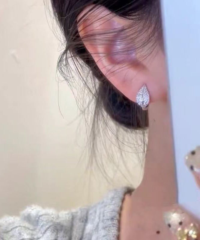Fine Silk Sterling Silver Zircon Leaf Stud Earrings
