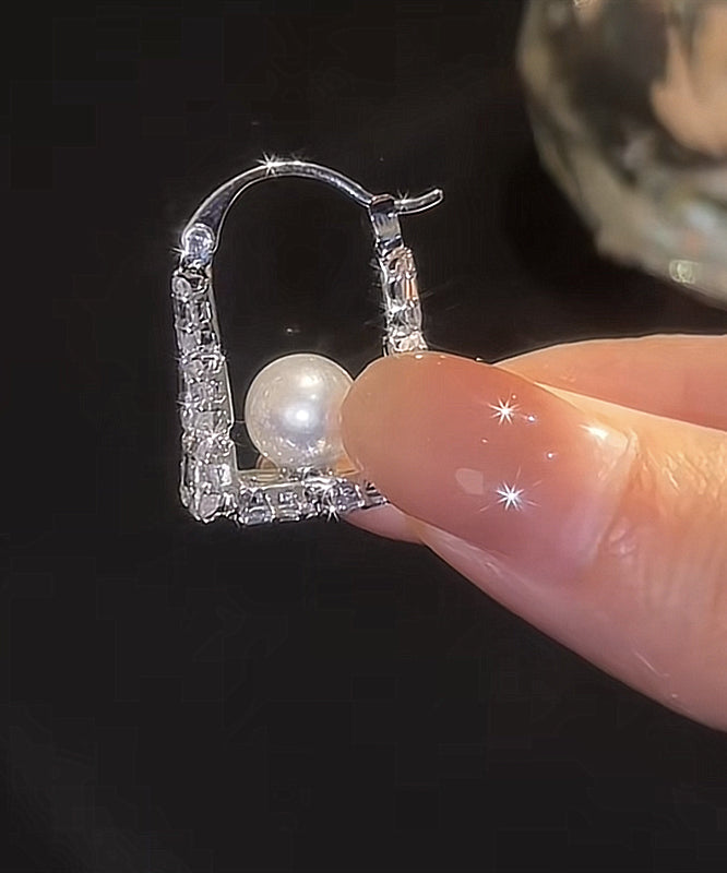 Fine Silk Sterling Silver Zircon Pearl Handbag Hoop Earrings