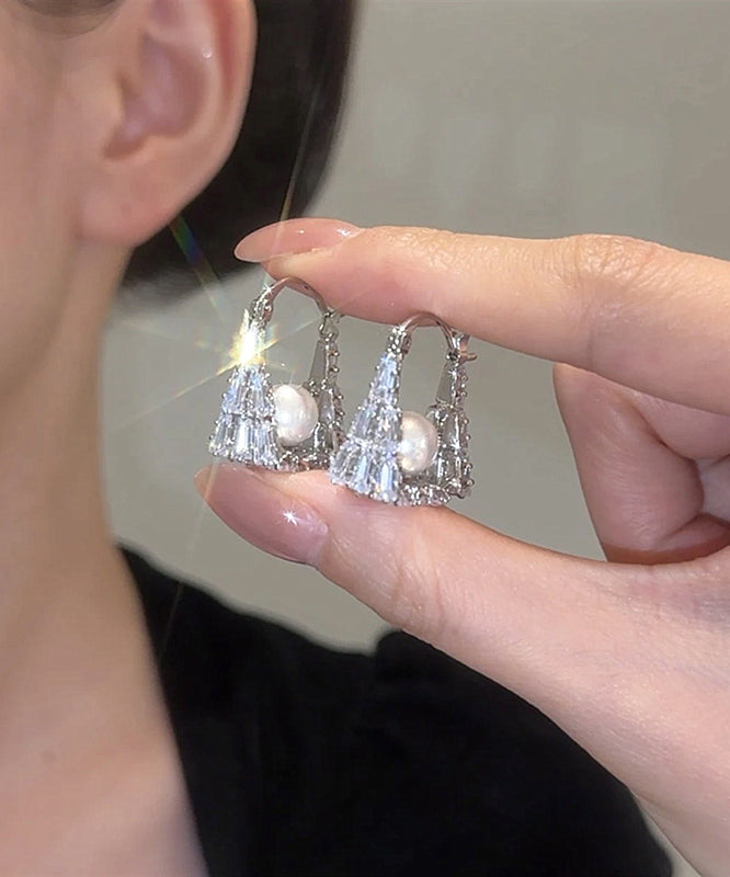 Fine Silk Sterling Silver Zircon Pearl Handbag Hoop Earrings