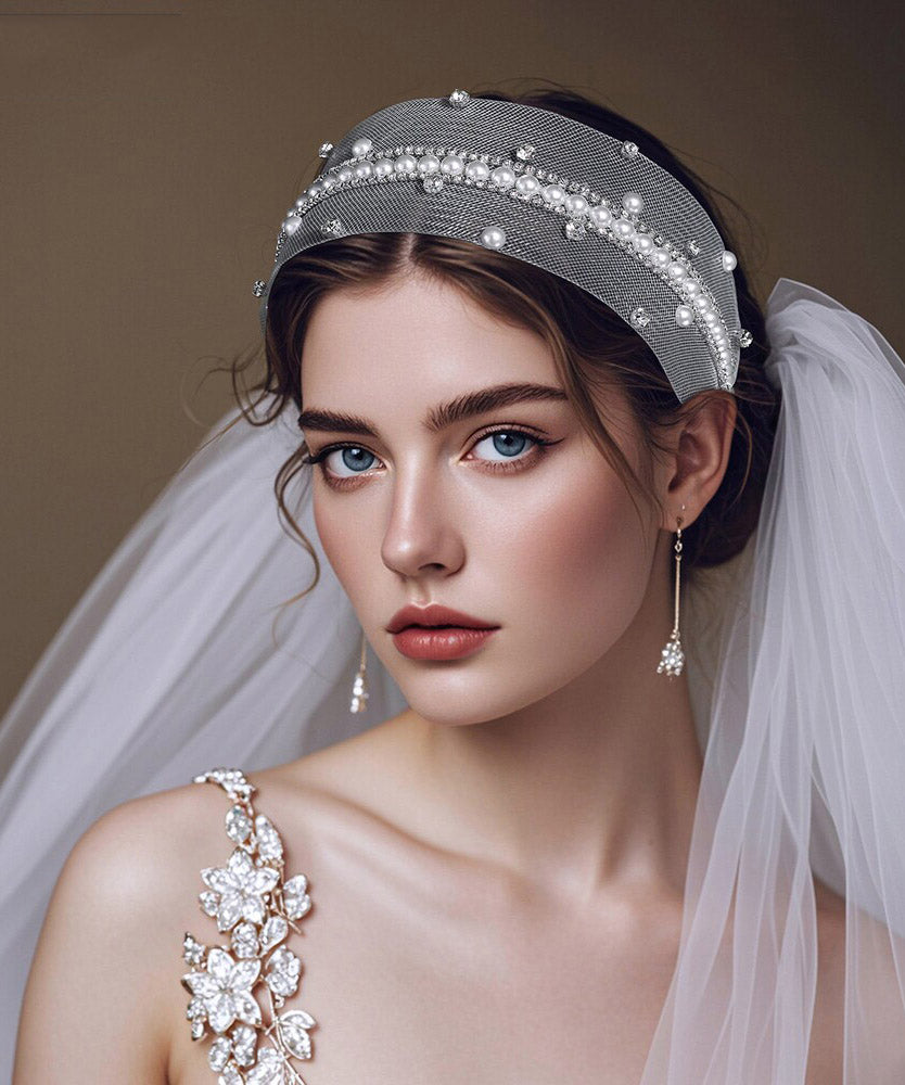Fine Silk Tulle Zircon Pearl HairPiece
