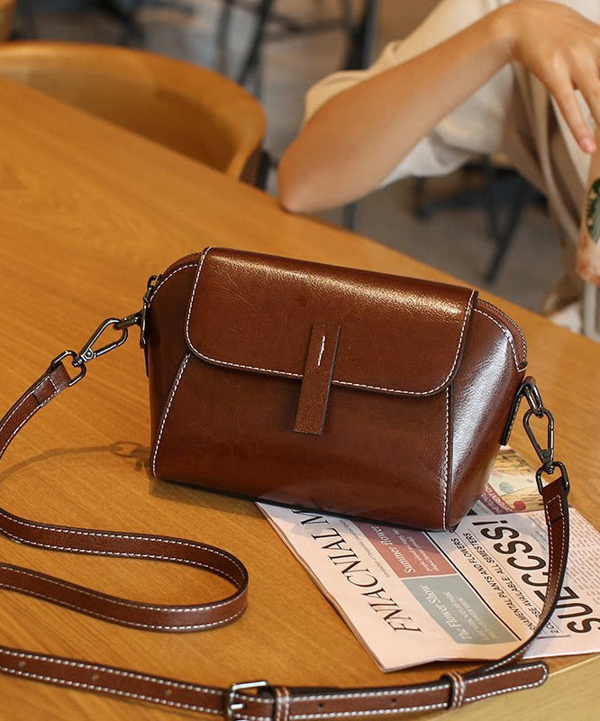 Fine Simple Coffee Calf Leather CrossBody Handbag