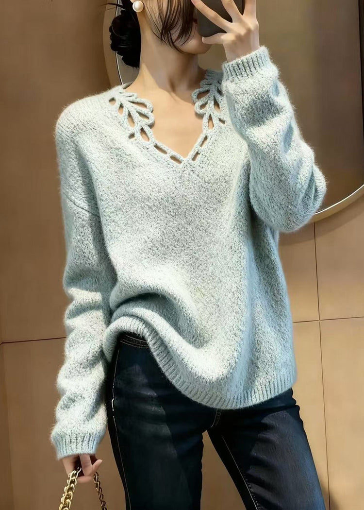 Fine Sky Blue V Neck Hollow Out Knit Pullover Winter - Omychic