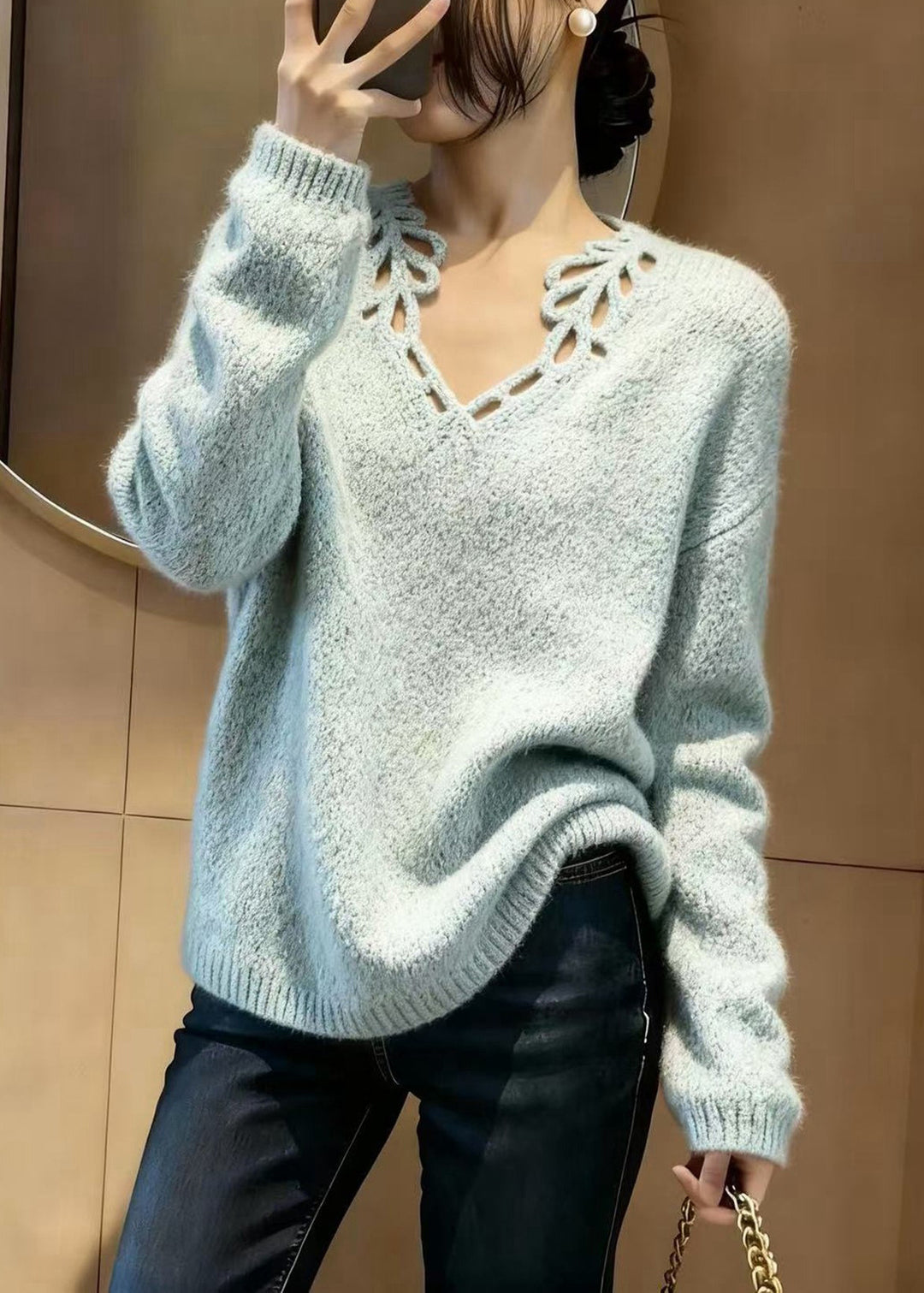 Fine Sky Blue V Neck Hollow Out Knit Pullover Winter - Omychic