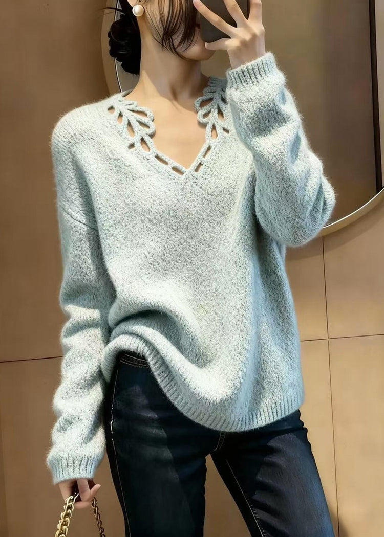 Fine Sky Blue V Neck Hollow Out Knit Pullover Winter - Omychic