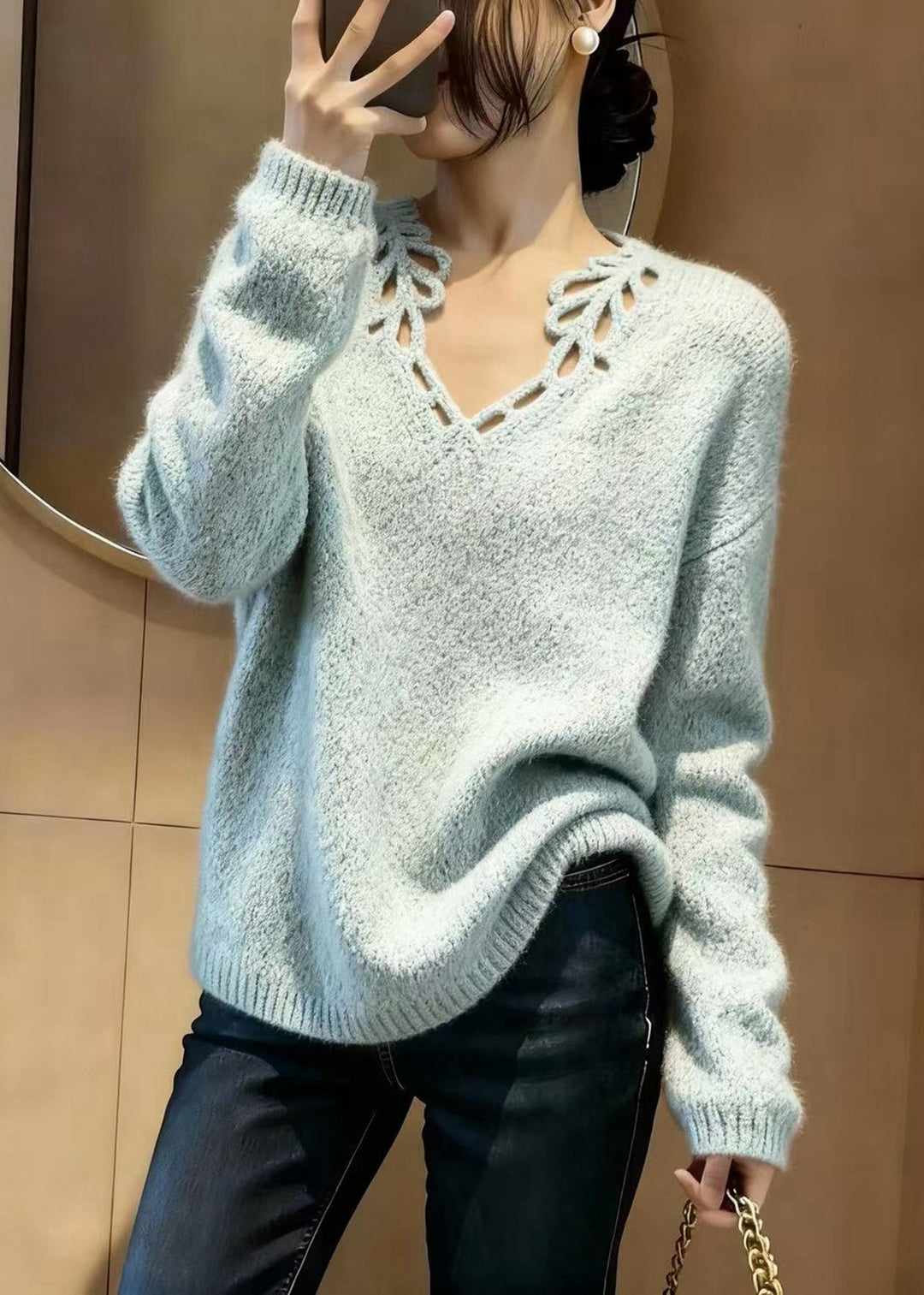 Fine Sky Blue V Neck Hollow Out Knit Pullover Winter - Omychic