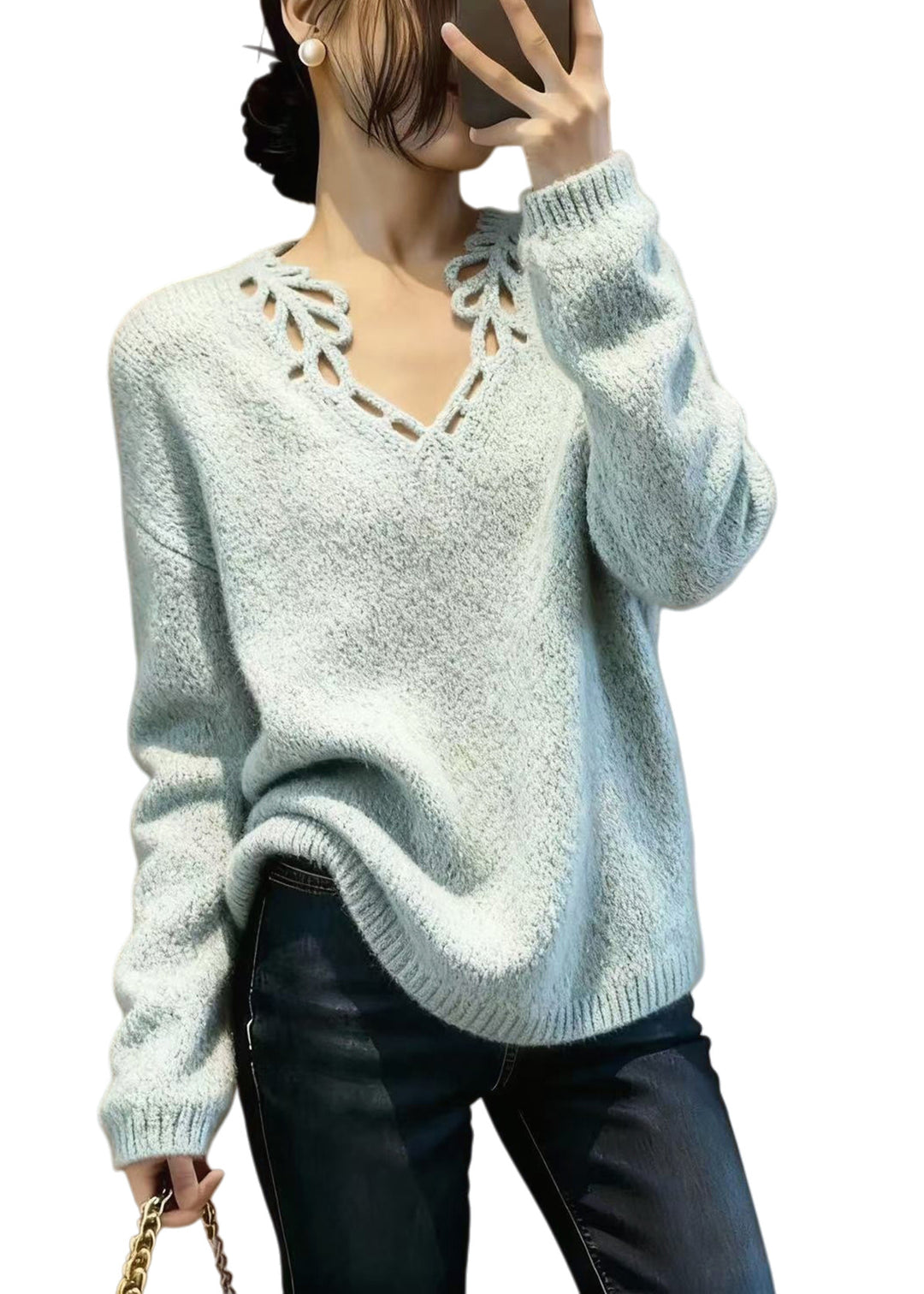 Fine Sky Blue V Neck Hollow Out Knit Pullover Winter - Omychic