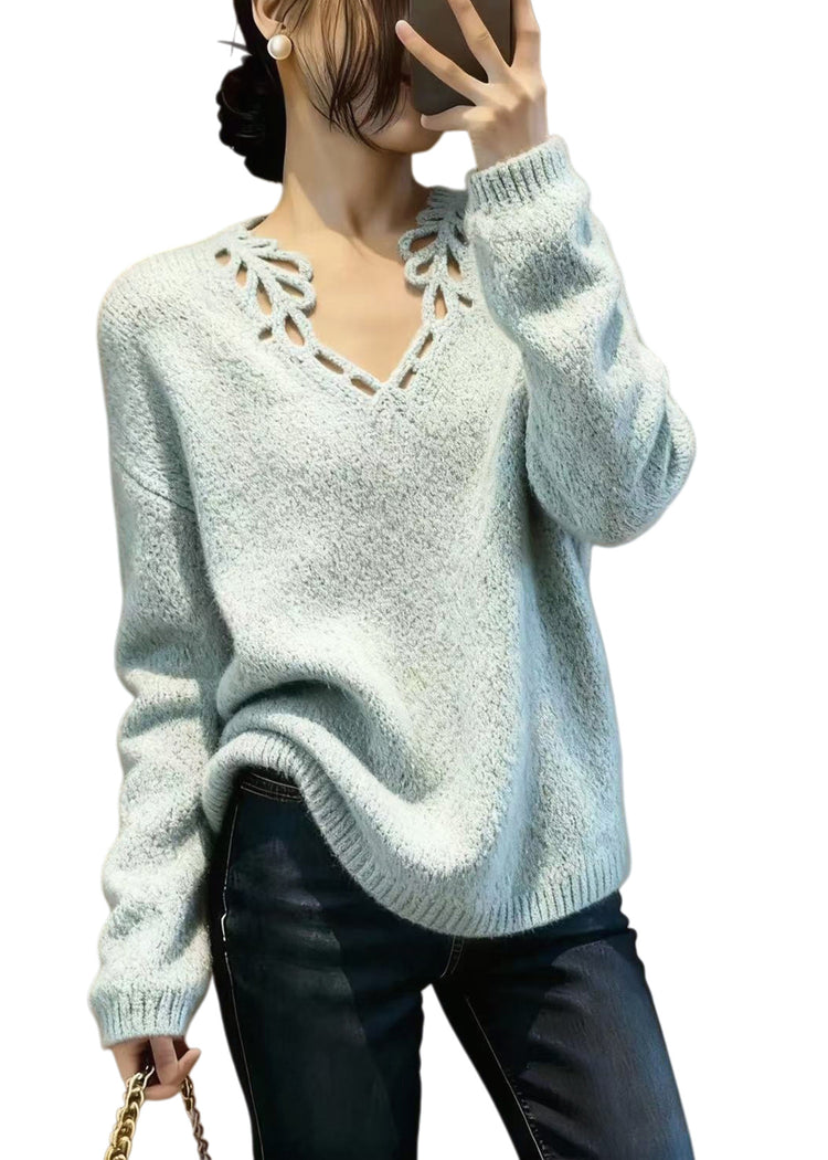 Fine Sky Blue V Neck Hollow Out Knit Pullover Winter - Omychic