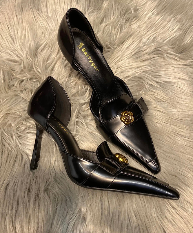 Fine Splicing Stiletto High Heels Black Sheepskin Pointed Toe