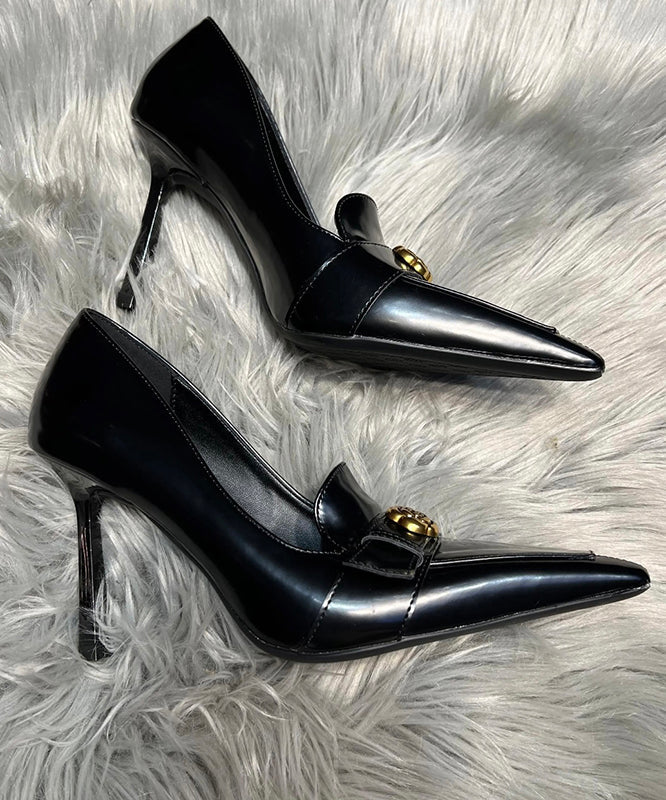 Fine Splicing Stiletto High Heels Black Sheepskin Pointed Toe