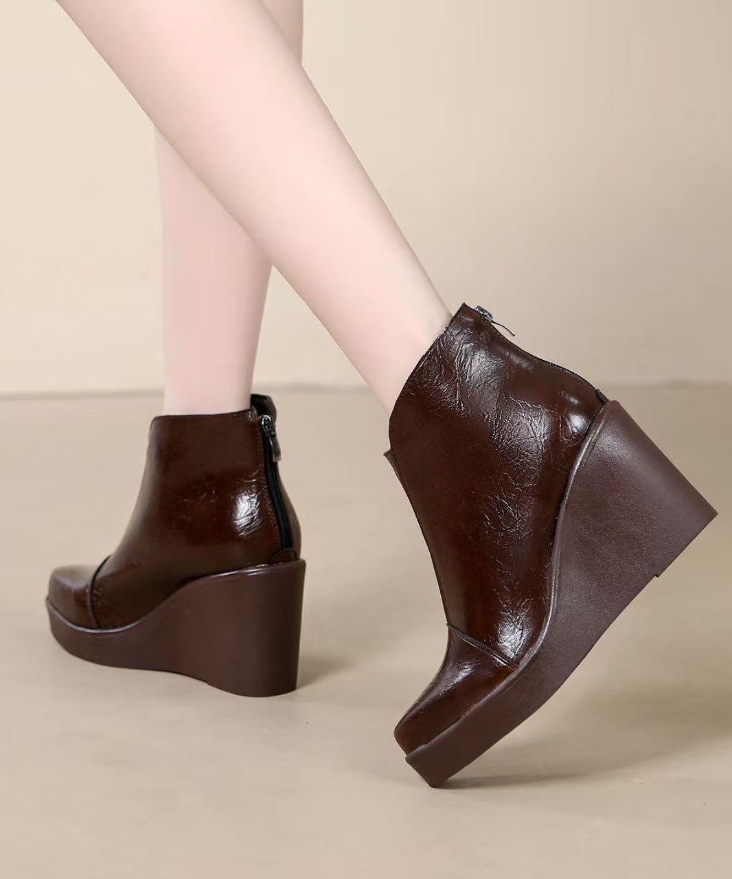 Fine Splicing Wedge Boots Brown Cowhide Leather
