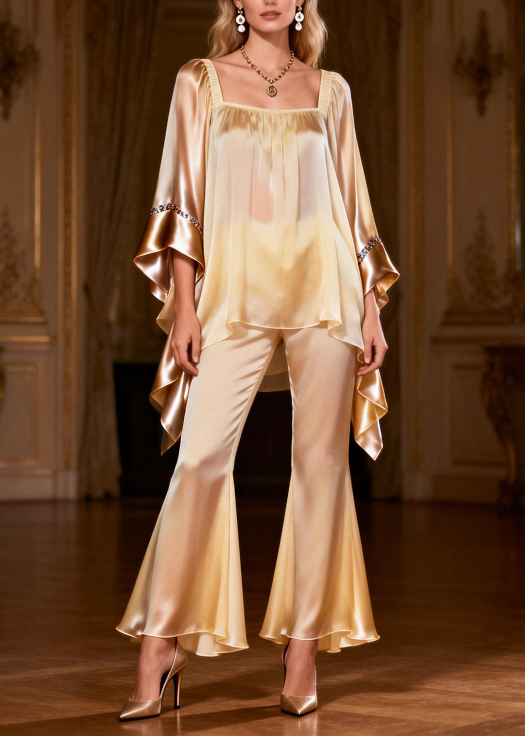 Fine Square Collar Asymmetrical Patchwork Silk Two Pieces Set Summer