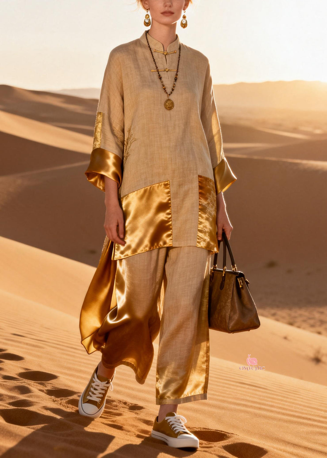 Fine Stand Collar Chinese Button Patchwork Silk Linen Two Pieces Set Spring