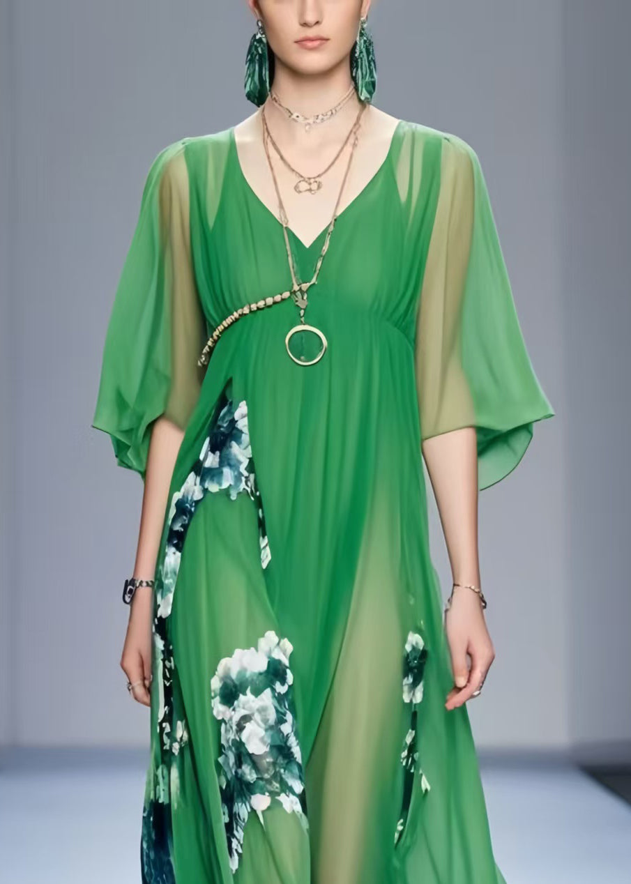 Fine Tea Green Print Draping Chiffon Dresses Summer