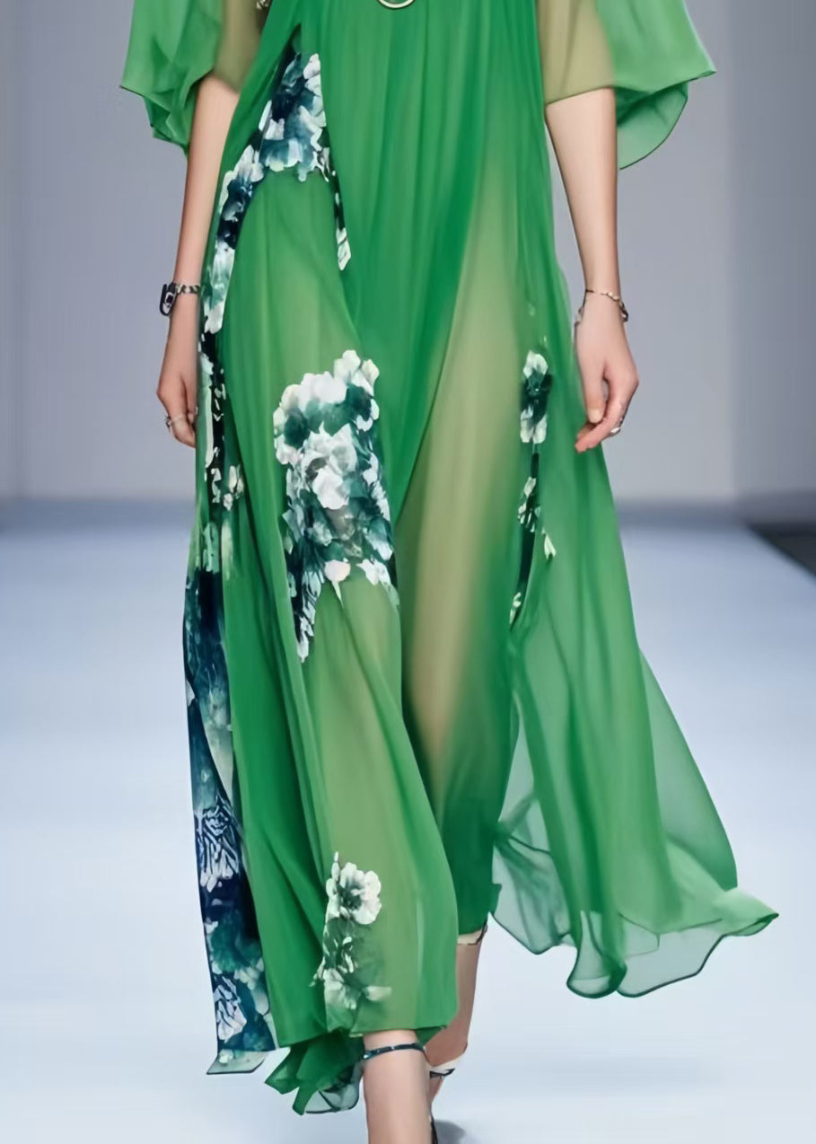 Fine Tea Green Print Draping Chiffon Dresses Summer