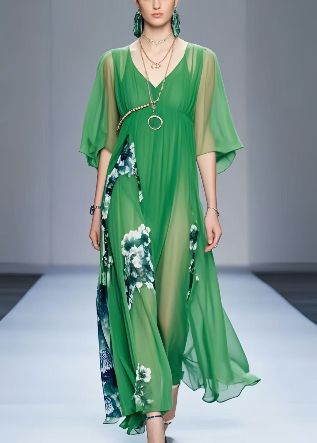 Fine Tea Green Print Draping Chiffon Dresses Summer