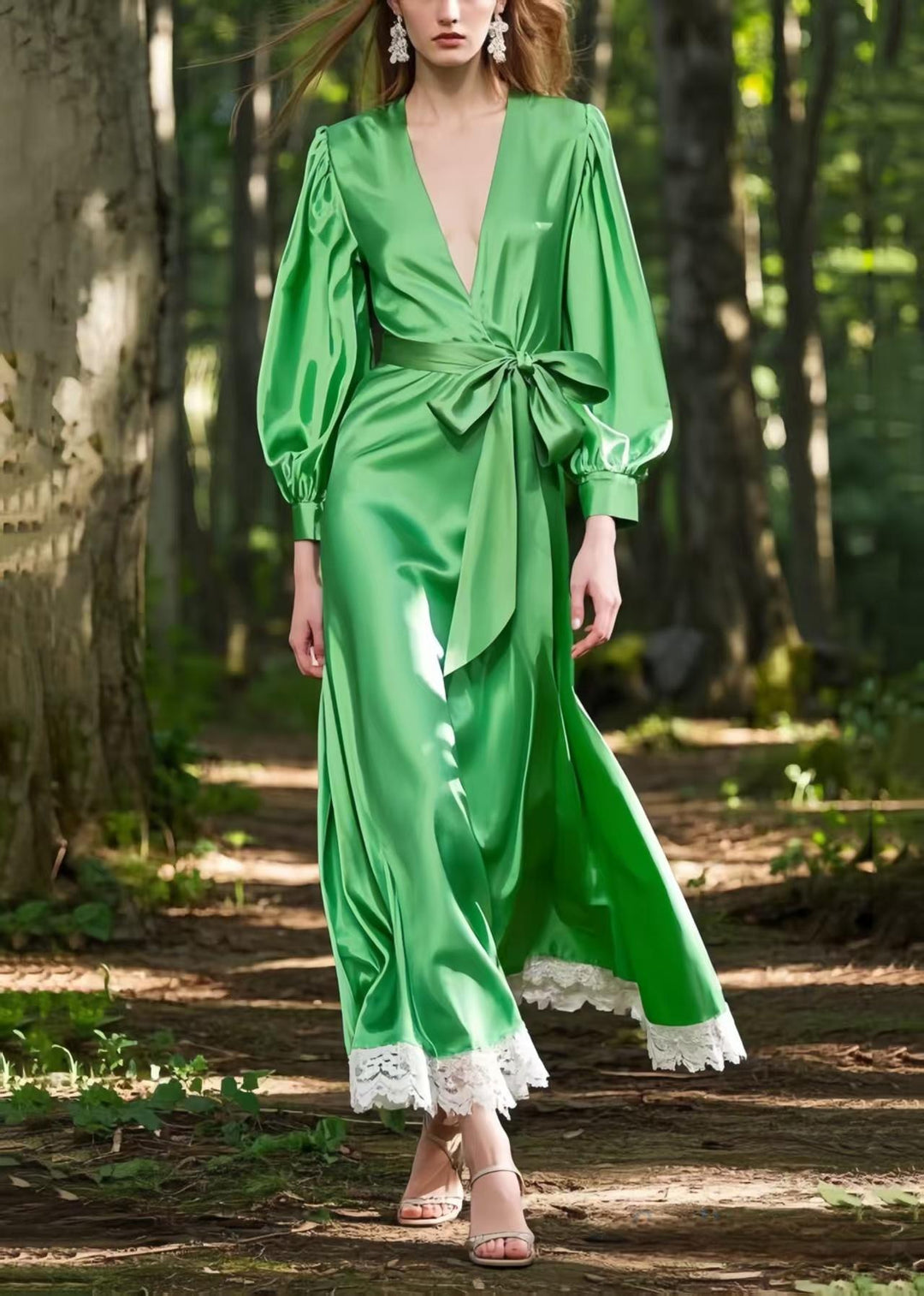Fine Tea Green Tie Waist Patchwork Silk Vacation Dresses Spring
