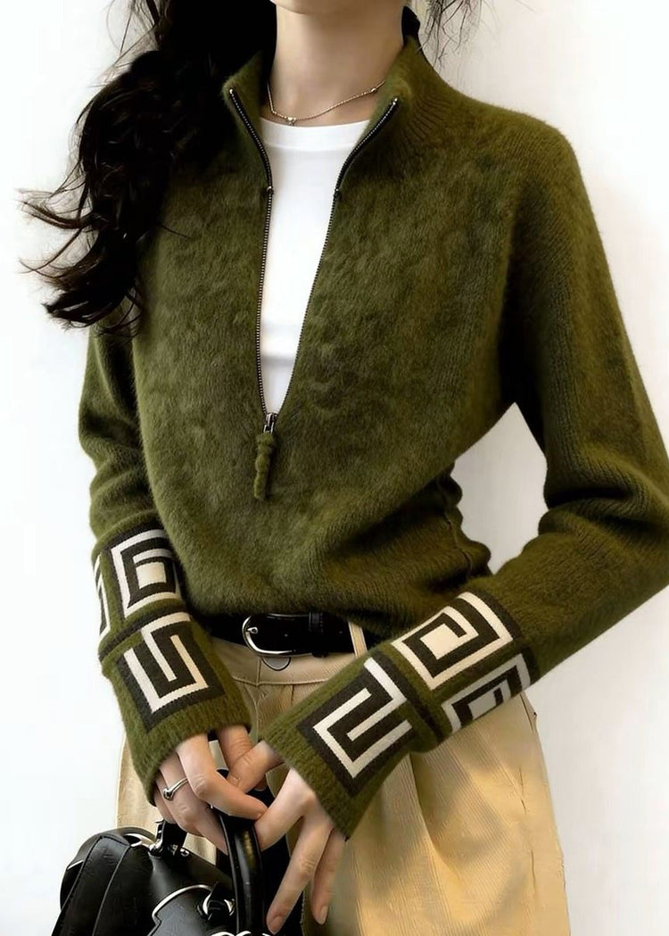 Fine Tea Green Zip Up Print Knit Sweater Tops Winter - Omychic
