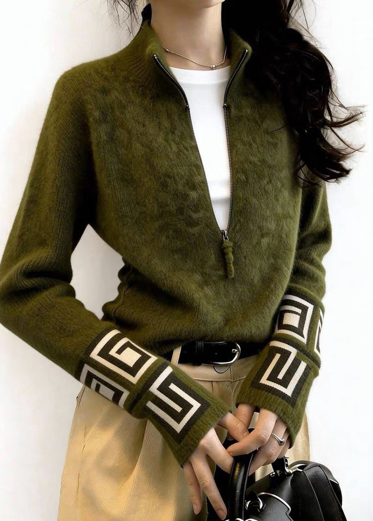 Fine Tea Green Zip Up Print Knit Sweater Tops Winter - Omychic