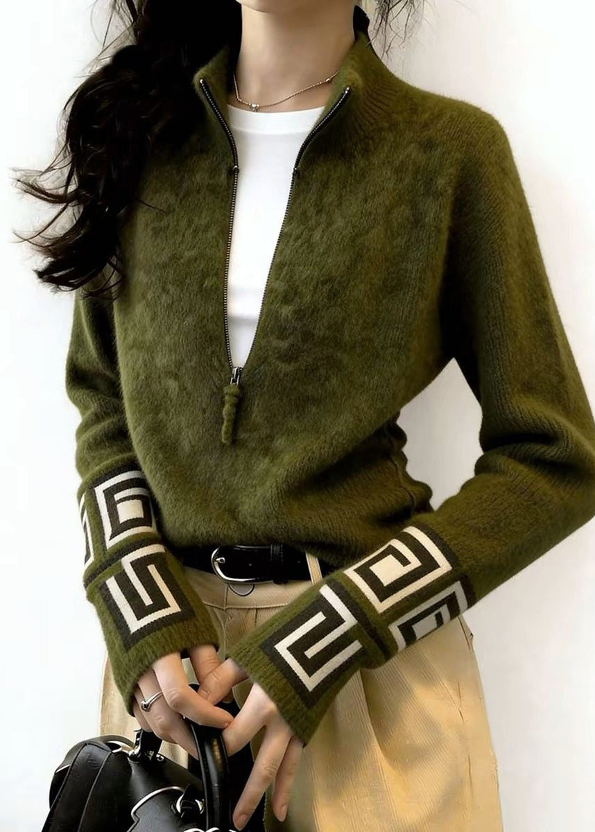 Fine Tea Green Zip Up Print Knit Sweater Tops Winter - Omychic
