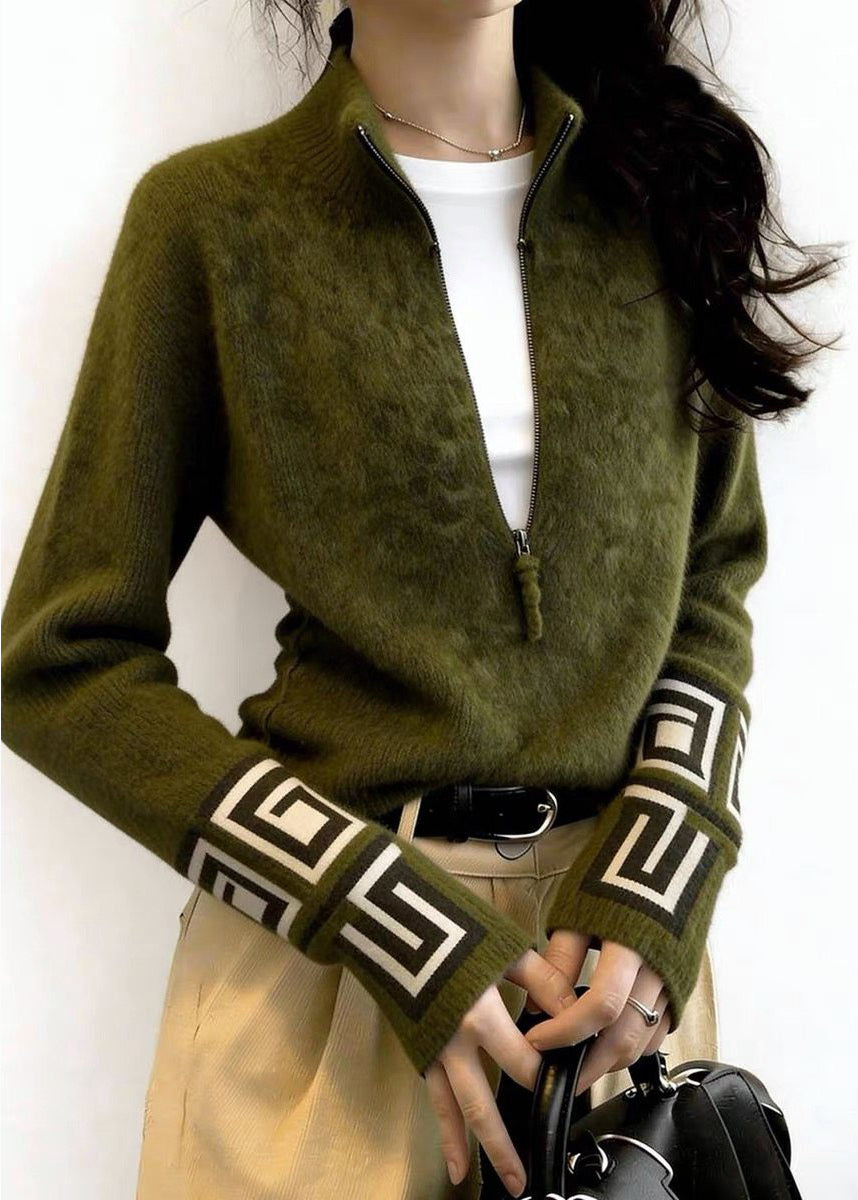 Fine Tea Green Zip Up Print Knit Sweater Tops Winter - Omychic