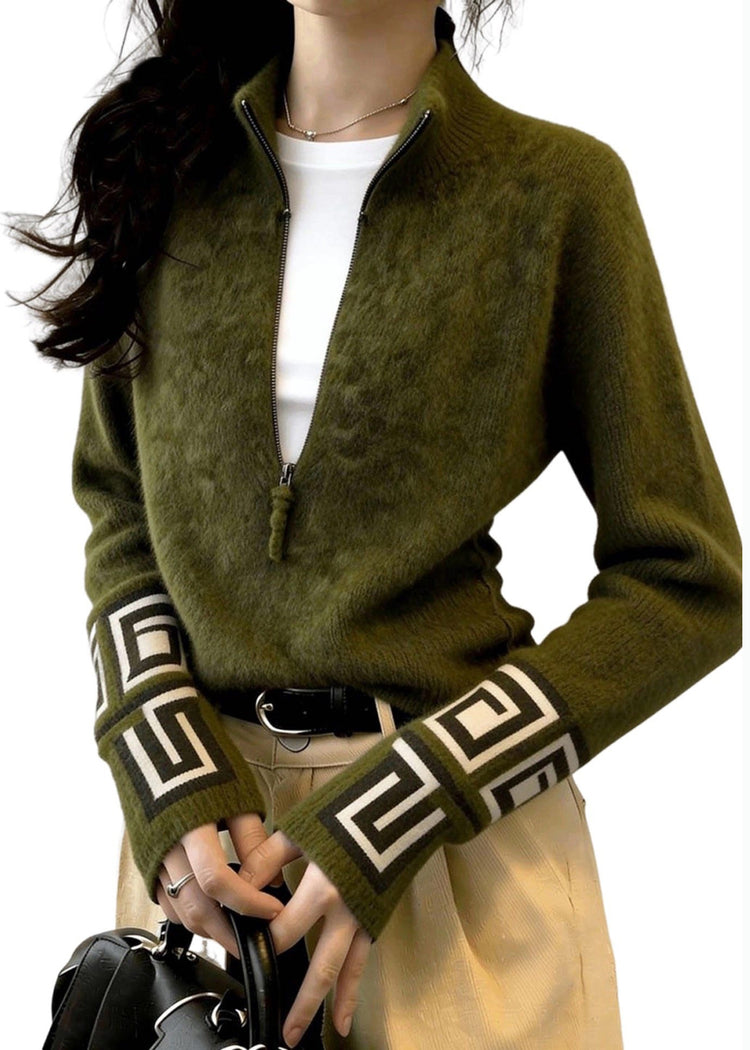 Fine Tea Green Zip Up Print Knit Sweater Tops Winter - Omychic