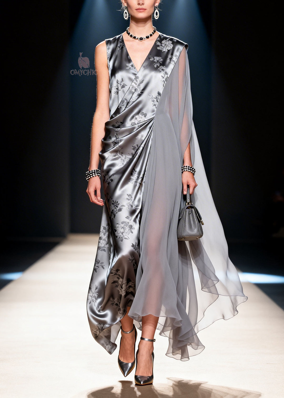 Fine V Neck Asymmetrical Design Print Patchwork Chiffon Dress Summer
